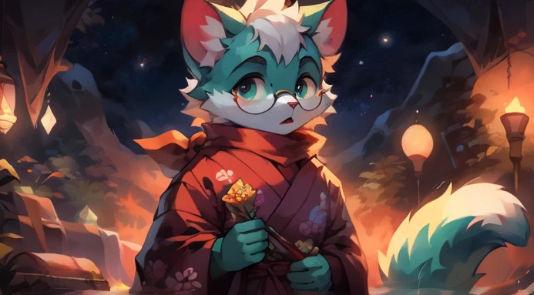 a portrait of a fully grown mature and aged male cat with big round circle glasses and a red scarf, The cat is very tall. bushy tail, and perked-up fluffy big ears, one ear is lowered. He wears a fluffy warm and cozy kimono, a handsome cat fursona with teal fur color, the chest has white fur, white fur around his mouth and cheeks, medium-length white hair, fluffy black cat ears, and a fluffy white neck. He is looking up at a colorful starry sky, and in the background an incredibly detailed background, detailed eyes