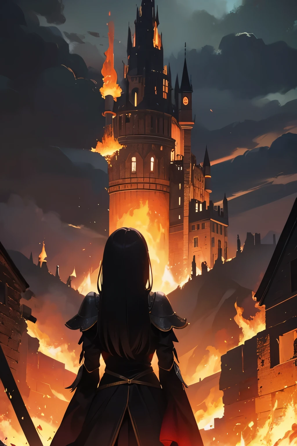 Back view, woman looking up at the burning castle, flames, collapsed castle, fantasy, combat, black clothes