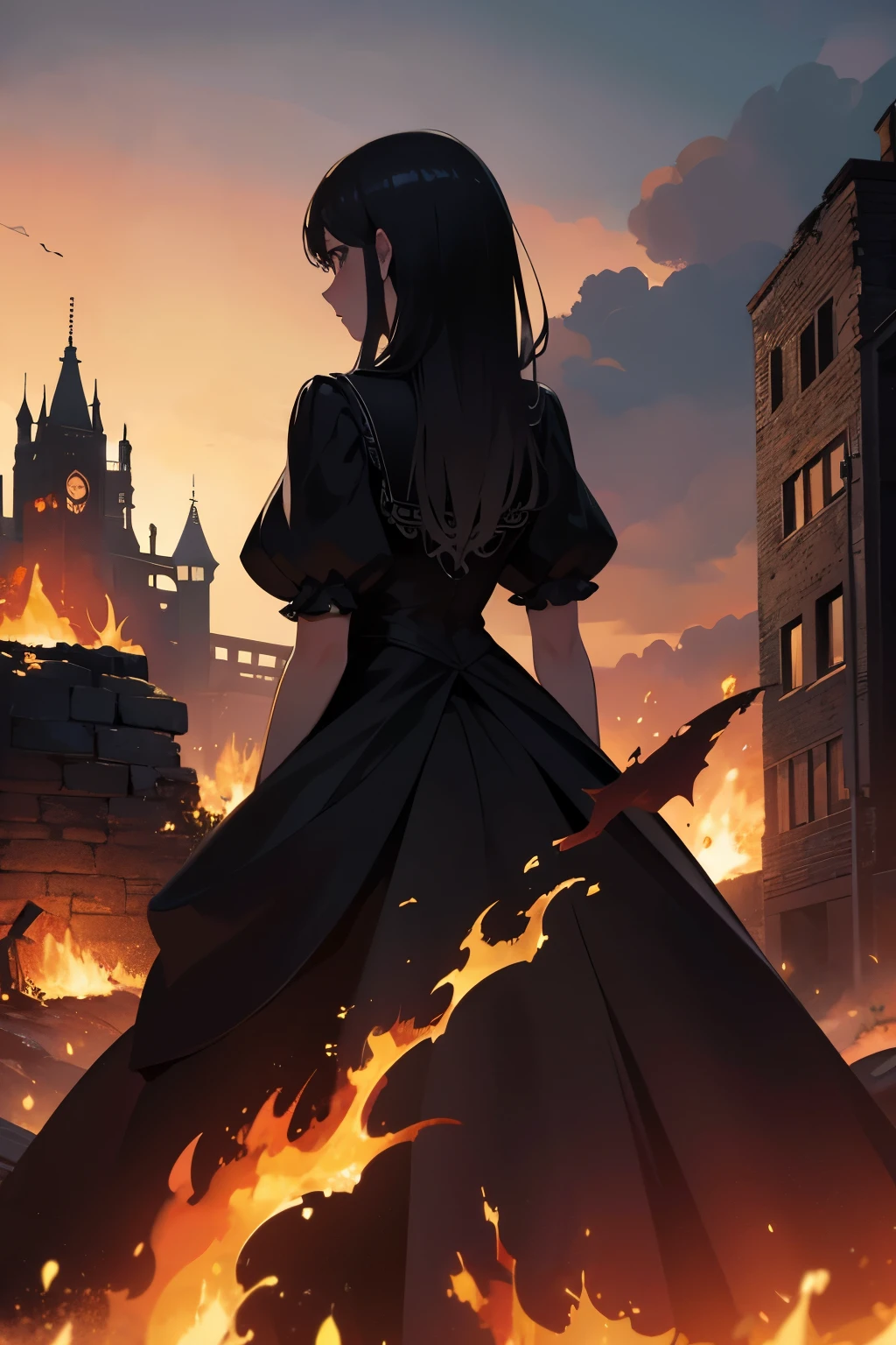 Back view, woman looking up at the burning castle, flames, collapsed castle, fantasy, combat, black clothes