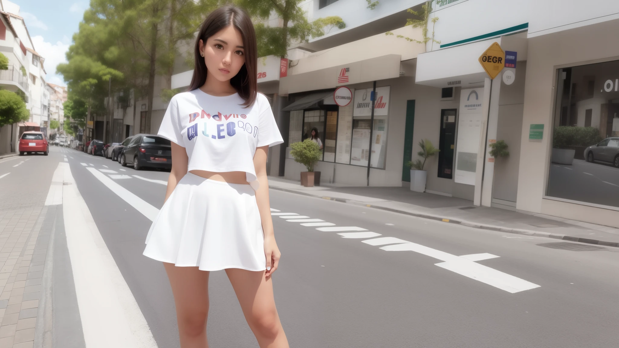 There is a woman in a short white skirt and white shirt, posando em uma rua urbana, usando um top cropped sexy, menina jovem e bonito, olhar sexy, uma aluna hiperrealista, em uma rua, aluna hiperrealista, roupa muito sexy, vestida como aluna, de uma aluna posando, na rua, Menina sexy usando saia muito curta, roupa indecente