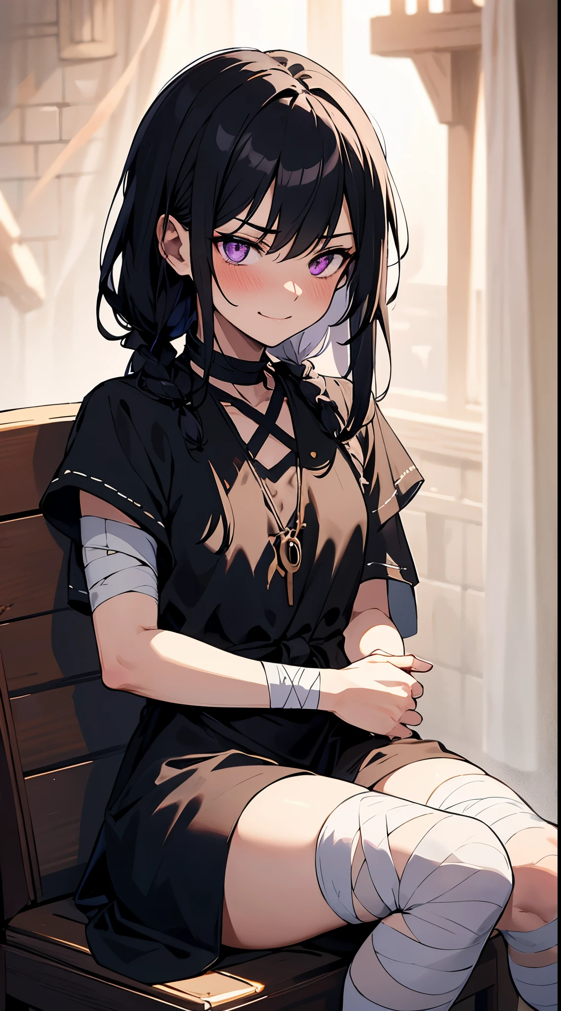 [[[masterpiece, ultra-detailed, best quality,]]] portrait, black hair, tied-up hair, purple eyes, necromancer, medieval inn background, black traveler clothes, fit body, smirking, blushing, sitting down, bandaged arms, bandaged legs. 