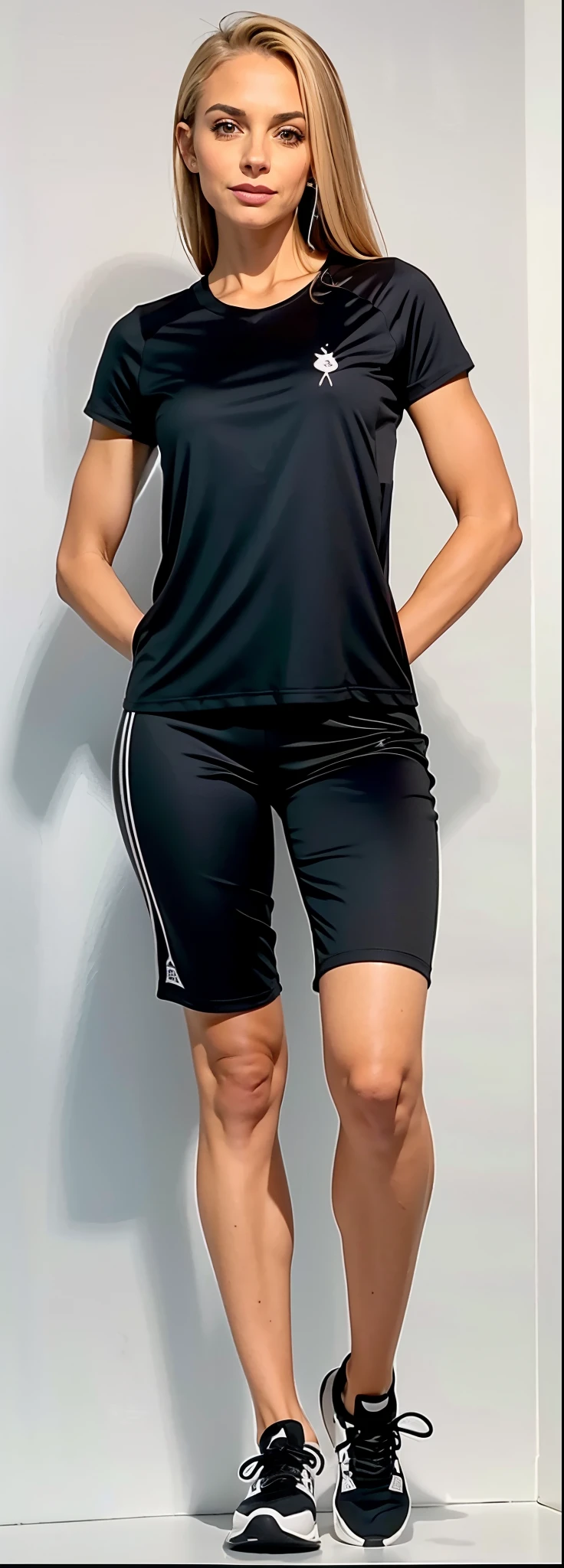 a woman in a Preto shirt and shorts posing for a picture, In shorts, roupas esportivas, Neoprene, Corte Yoga Curto, sport shorts, roupas esportivas, coxas, athletic shorts, mulher curta robusta, tamanho curto, wearing Preto shorts, ultra, shorts, Slacks, coxas!!!, Preto shorts, Preto, large coxas, pernas elegantes
