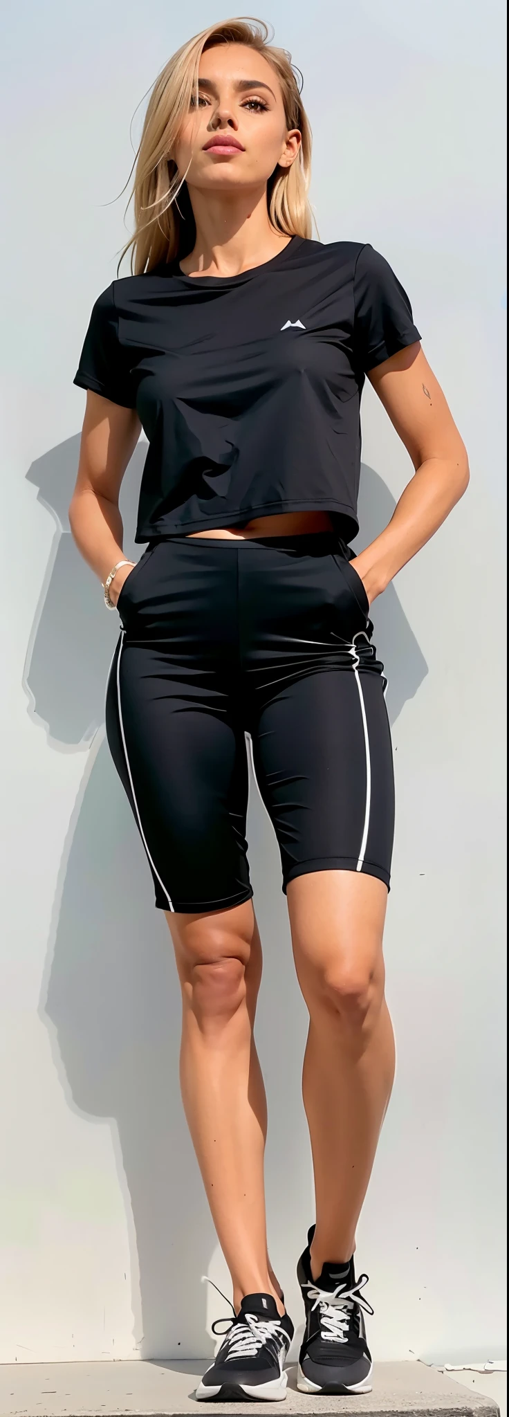 a woman in a Preto shirt and shorts posing for a picture, In shorts, roupas esportivas, Neoprene, Corte Yoga Curto, sport shorts, roupas esportivas, coxas, athletic shorts, mulher curta robusta, tamanho curto, wearing Preto shorts, ultra, shorts, Slacks, coxas!!!, Preto shorts, Preto, large coxas, pernas elegantes