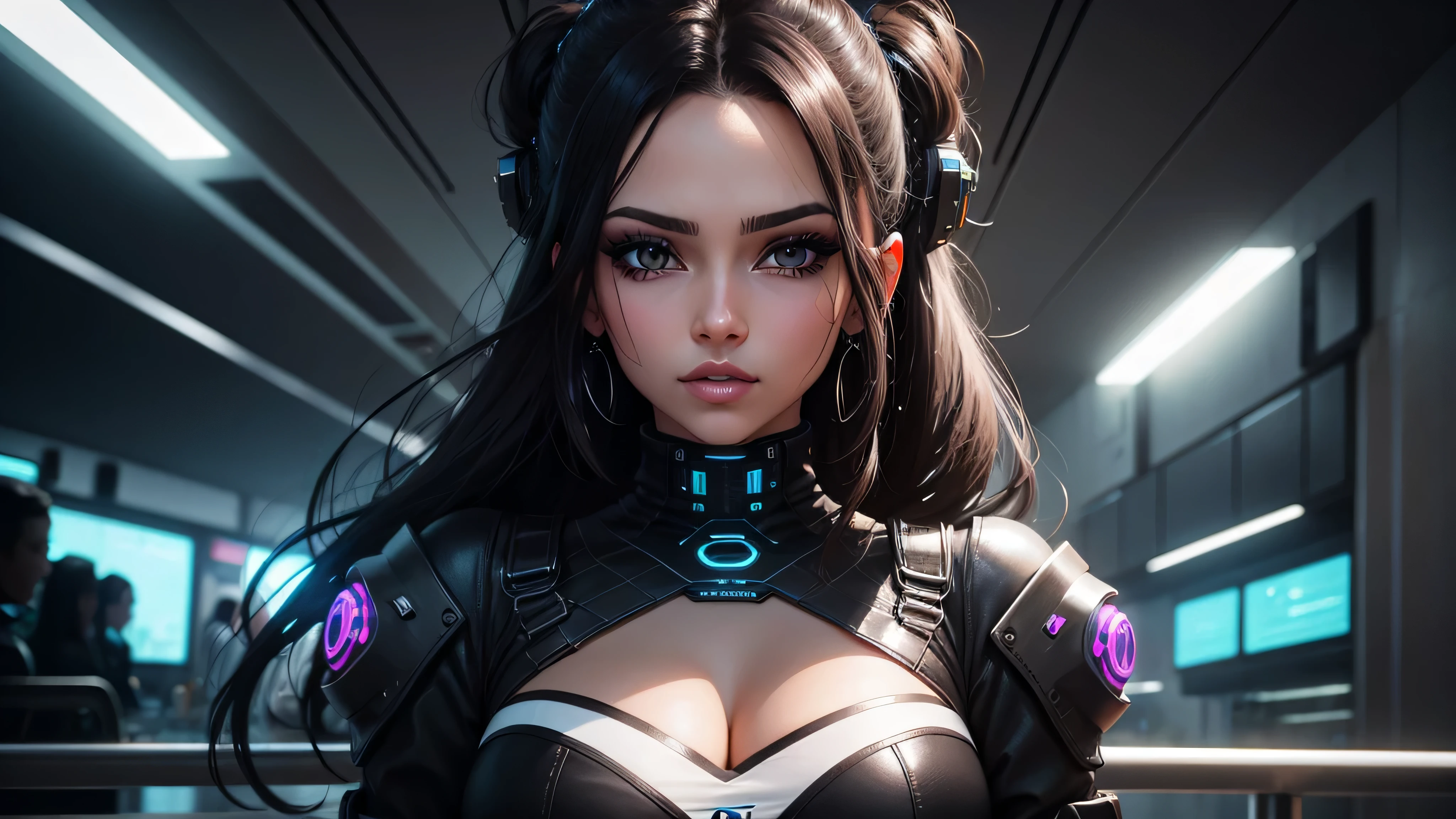 mujer hermosa , ojos cafes hermosos , en lenceria, cabello negro , estilo cyber punk