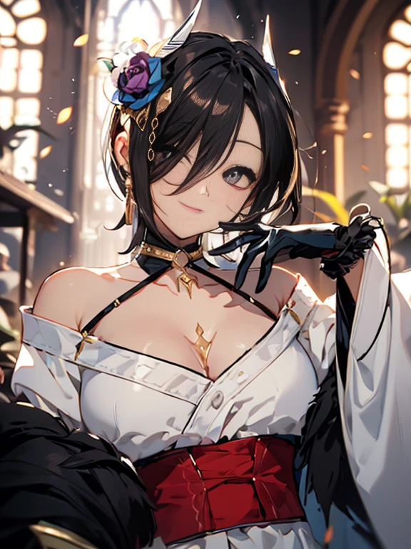 In front of the altar of a majestic church、(blurred background)、brighter light、golden long hair girl、Classic White Wedding Dresses、(elegant luster)、(Lots of races)、lots of ribbons、((voluminous puff sleeves))、long cuffs with many buttons、golden embroidery、long train、white embroidered gloves、five fingers、laughter、Redness of the cheeks