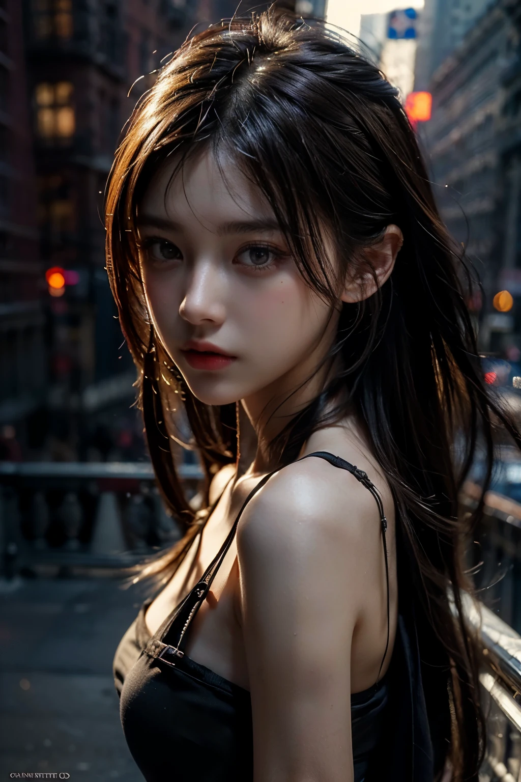 1girl, (looking at viewer:1.2), detail face,  (a girl standing, rending on cgsociety, black shadows, streaming, new york backdrop), romanticism, atmospheric, (RAW photo, best quality), (realistic, photo-realistic:1.3), masterpiece, an extremely delicate and beautiful, extremely detailed,