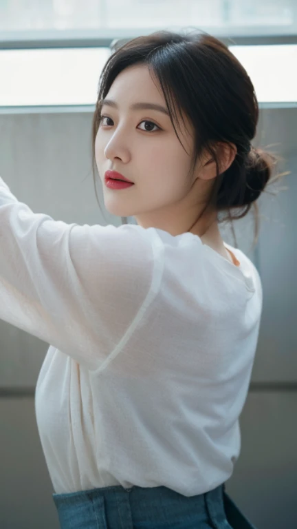 dressed, (photo realistic:1.4), (hyper realistic:1.4), (realistic:1.3),
(smoother lighting:1.05), (increase cinematic lighting quality:0.9), 32K,
1girl,20yo girl, realistic lighting, backlighting, light on face, ray trace, (brightening light:1.2), (Increase quality:1.4),
(best quality real texture skin:1.4), finely detailed eyes, finely detailed face,
(tired and sleepy and joy), (laugh:0), face closeup, t-shirts,
(Increase body line mood:1.1), (Increase skin texture beauty:1.1) , waist shot, butt to camera, flowing long pant