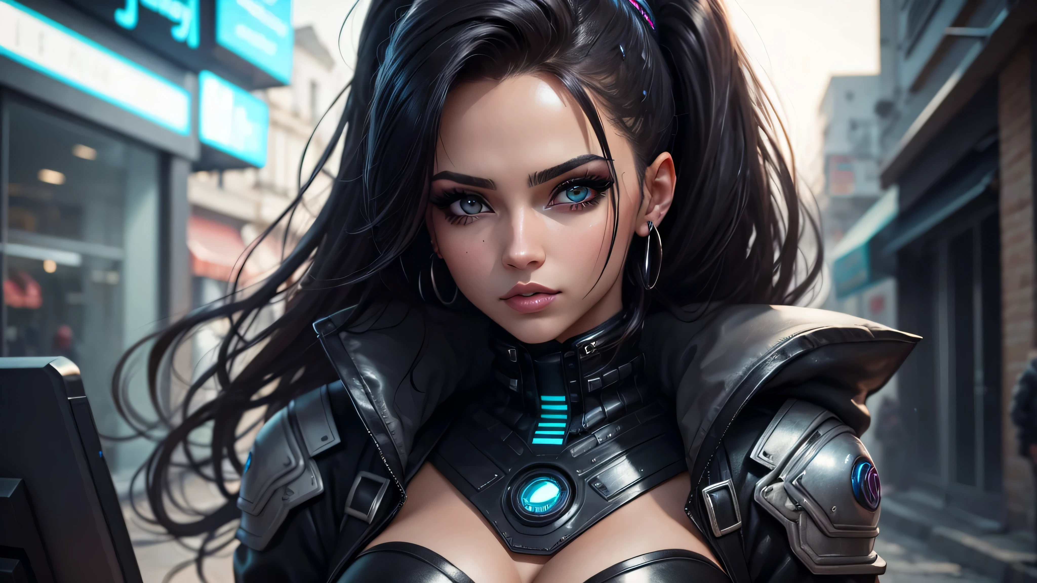mujer hermosa , ojos cafes hermosos , en lenceria, cabello negro , estilo cyber punk