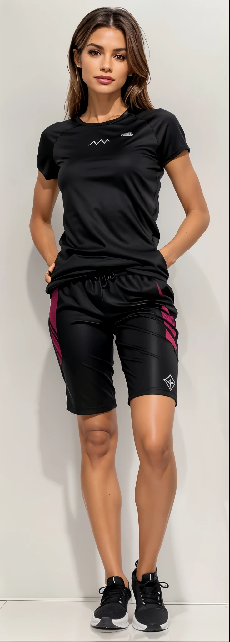 a woman in a Preto shirt and shorts posing for a picture, In shorts, roupas esportivas, Neoprene, Corte Yoga Curto, sport shorts, roupas esportivas, coxas, athletic shorts, mulher curta robusta, tamanho curto, wearing Preto shorts, ultra, shorts, Slacks, coxas!!!, Preto shorts, Preto, large coxas, pernas elegantes