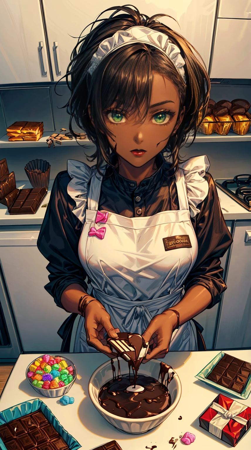 (((Masterpiece, hiquality, absurdress), 1Woman, black hair, curly hair, Afro-curly hair, Green eyes, a perfect face, the perfect body, big breastes, sports body, short stature, (((very dark skin))), 独奏, Detailed eyes and face, makeup, red-lips, apron, Cook costume, Bake the Cake, Cake Making, kitchen, a table, slab,