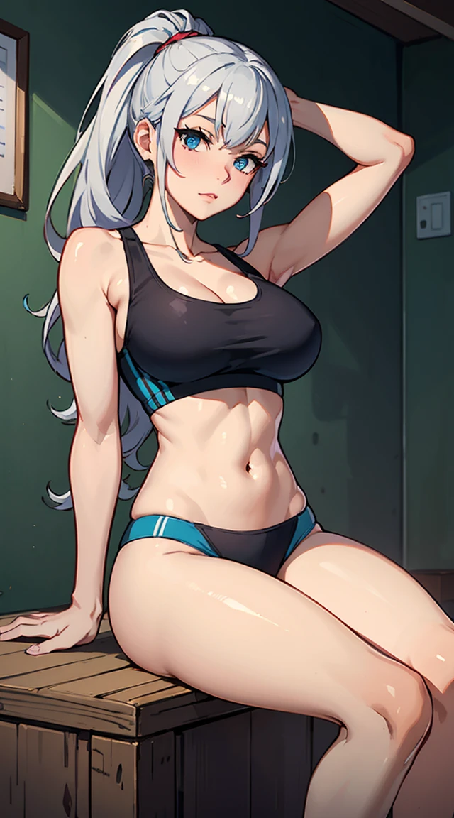 Luo from isekai nonbiri nouka with ponytail gray hair ,big breast and blue eyes and a sports bra
