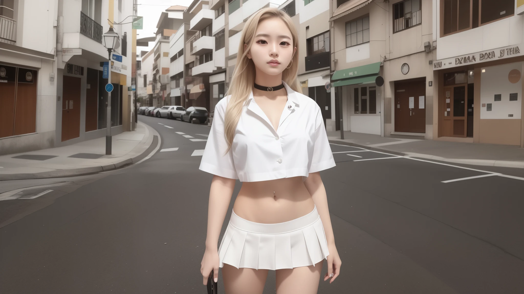 There is a korean girl, k-pop star, blonde hairs in a short white skirt and white shirt, posando em uma rua urbana, usando um top cropped sexy, jovem e bonito, olhar sexy, uma aluna hiperrealista, em uma rua, aluna hiperrealista, roupa muito sexy, vestida como aluna, de uma aluna posando, na rua, Meninao saia muito curta, roupa indecente