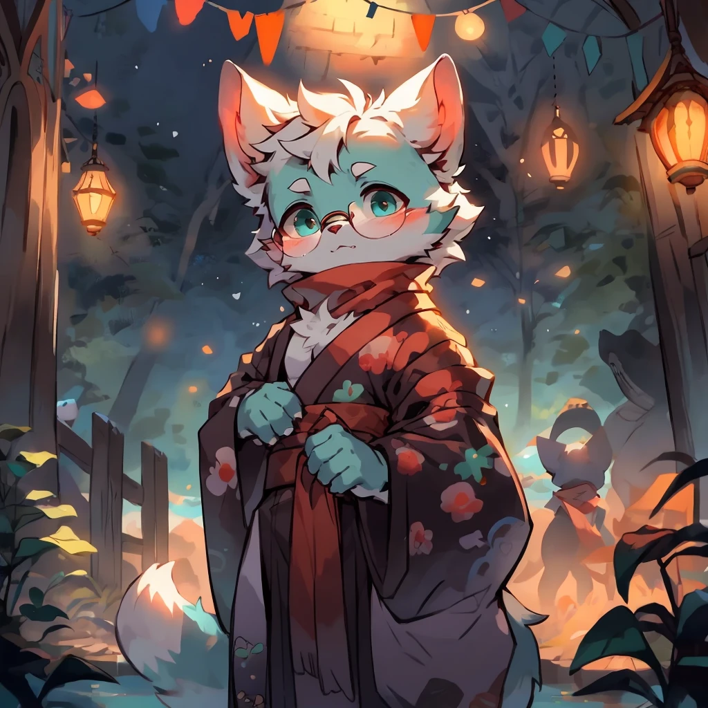 a portrait of a fully grown mature and aged  male cat with big round circle glasses and a red scarf, The cat is very tall. bushy tail, and perked-up fluffy big ears, one ear is lowered. He wears a fluffy warm and cozy kimono, a handsome cat fursona with teal fur color, the chest has white fur, white fur around his mouth and cheeks, medium-length white hair, fluffy black cat ears, and a fluffy white neck. He is looking up at a colorful starry sky, and in the background  an incredibly detailed background, detailed eyes