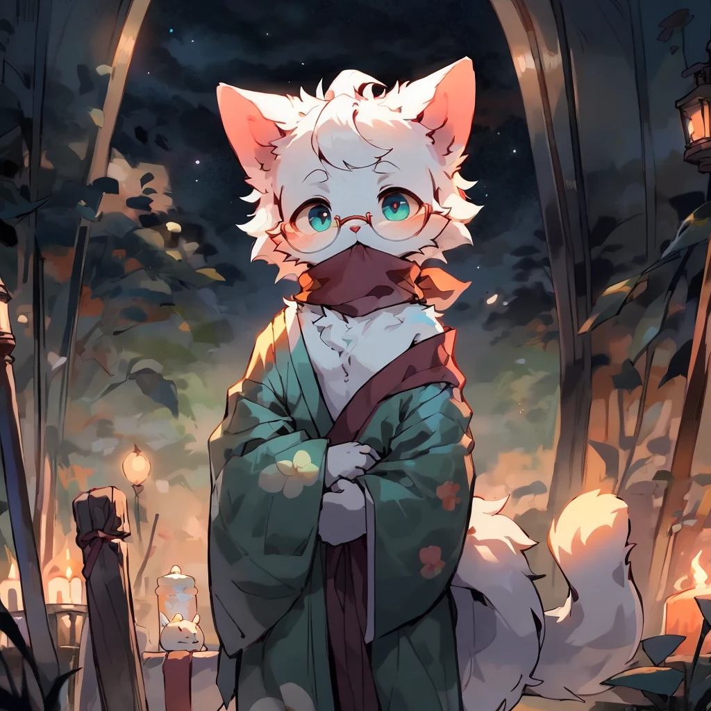 a portrait of a fully grown mature and aged  male cat with big round circle glasses and a red scarf, The cat is very tall. bushy tail, and perked-up fluffy big ears, one ear is lowered. He wears a fluffy warm and cozy kimono, a handsome cat fursona with teal fur color, the chest has white fur, white fur around his mouth and cheeks, medium-length white hair, fluffy black cat ears, and a fluffy white neck. He is looking up at a colorful starry sky, and in the background  an incredibly detailed background, detailed eyes