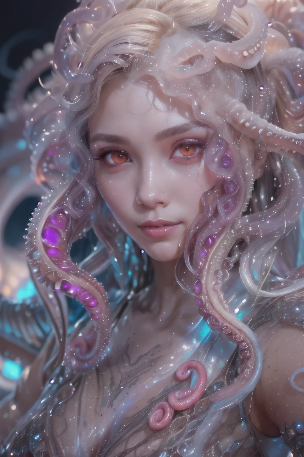 Portrait, (beautiful female alien:1.2), (she has red eyes with no pupils:1.8), (Translucent skin:1.7), (There is a female genital-like organ in the middle of the forehead:1.9), (The most beautiful face in the history of the universe:1.2),an evil gaze that seduces, (large mouth:1.1), (sharp teeth like a vampire:1.2), Full body portrait, (bio luminescent:1.5), (Smile wickedly:1.3), (sexypose:1.5), alien, No humans, cells are fused, (Lots of translucent tentacles:1.3) extraterrestrial, cell, bio image, best quality, 8K,In 4K_quality, High freshness, Dramatic Lighting, masutepiece:1.5,cinematic quality, detail up, (exquisite details:1.2), high resolution, High freshness, drawing faithfully, (Thick eyebrows:1.2), Beautiful eyes with fine symmetry,(Highly detailed face and eyes:1.2), Intimate face, (Super detailed skin quality feeling:1.4), perfect anatomy, (Beautiful toned body:1.5), (Moist skin:1.2), not wearing makeup, (dark circles:1.1), long canines, cinematic drawing of characters, ultra high quality model, cinematic quality, detail up, (exquisite details:1.2), high resolution, High freshness, drawing faithfully, official art, Unity 8K Wall , 8K Portrait, best quality, Very high resolution, ultra detailed artistic photography, midnight aura, unreal enginee 5, Ultra Sharp Focus, art by alberto seveso, ArtGerm, Roisch, intricate artwork, best quality, masterpiece, ultra high resolution, (photos realistic:1.4), ultra realistic realism, dream-like, nautilus, Creation of fantasy, Snail, Dream Snail, (biopunk nautilus:1.3), Thrilling color schemes, ultra realistic realism, seductively smiling, Blue tentacles,