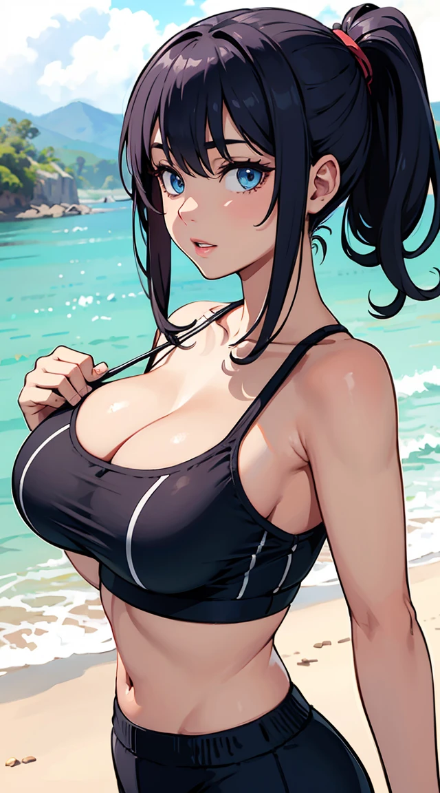 Luo from isekai nonbiri nouka with ponytail gray hair ,big breast and blue eyes and a sports bra on the beach