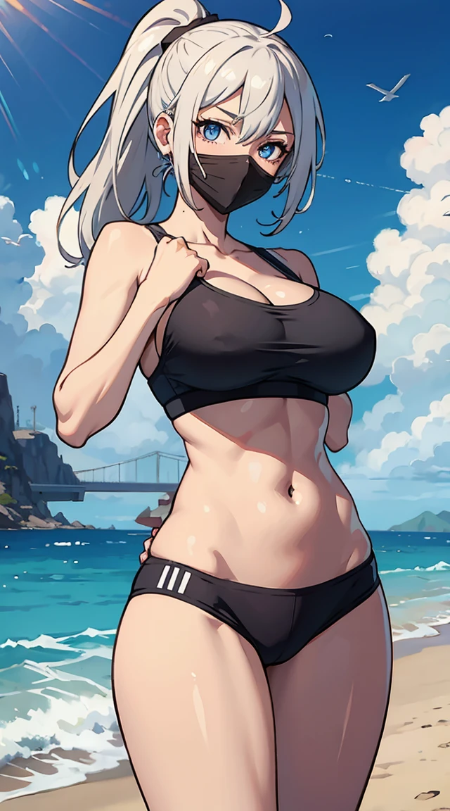 Luo from isekai nonbiri nouka with ponytail gray hair ,big breast and blue eyes and a sports bra on the beach