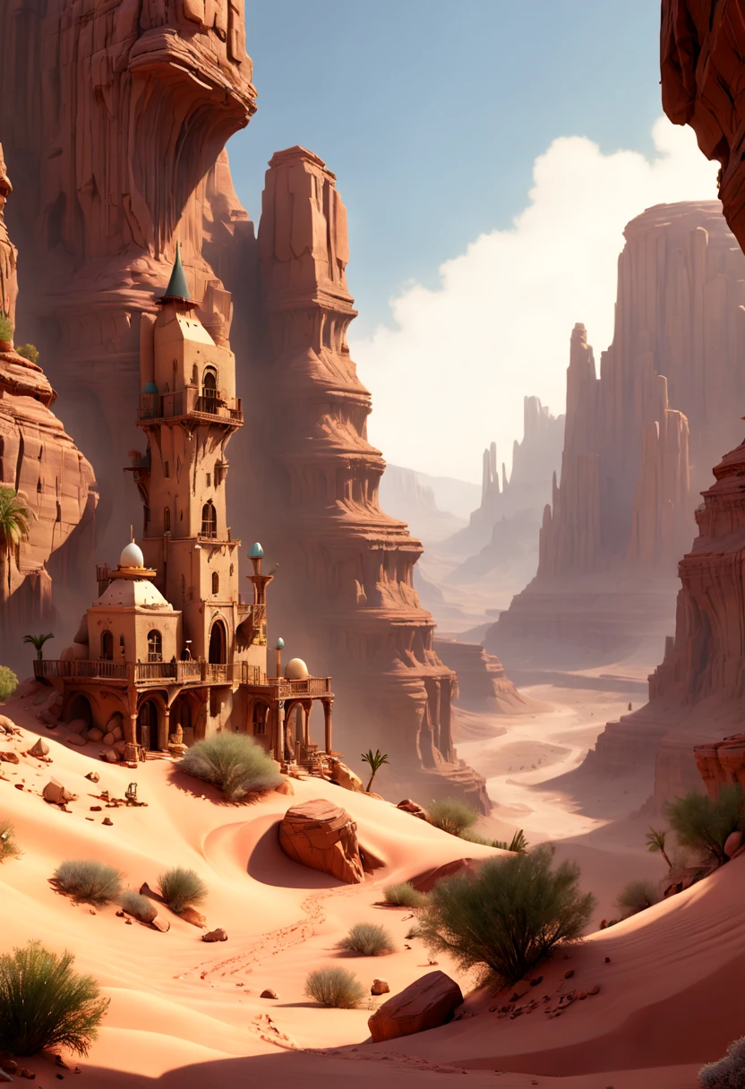 Desert Canyon, octane render, intricate, (best quality, masterpiece, Representative work, official art, Professional, unity 8k wallpaper), (by Carl Barks:1.2)