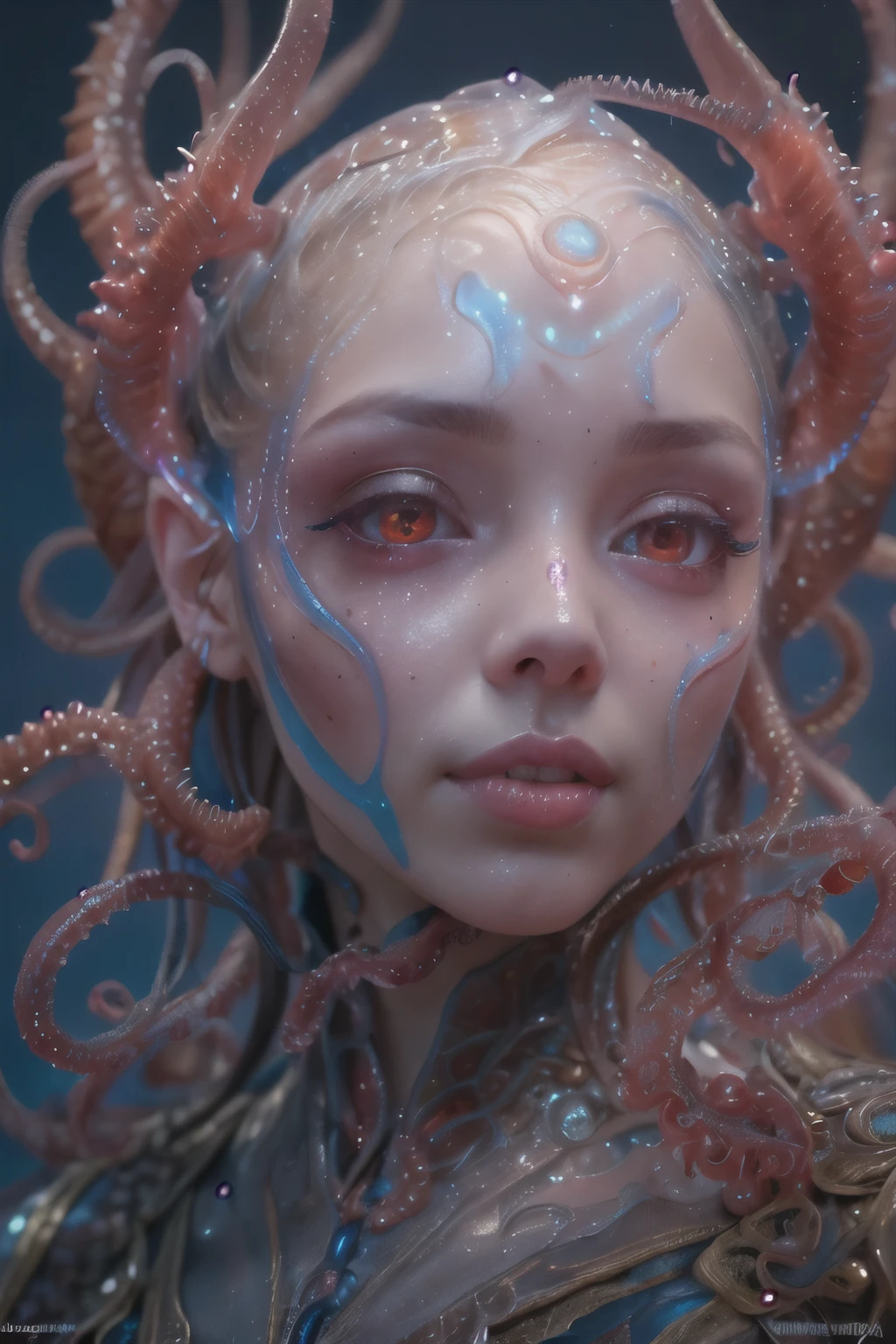 Portrait, (beautiful female alien:1.2), (she has red eyes with no pupils:1.8), (Translucent skin:1.7), (There is a female genital-like organ in the middle of the forehead:1.9), (The most beautiful face in the history of the universe:1.2),an evil gaze that seduces, (large mouth:1.1), (sharp teeth like a vampire:1.2), Full body portrait, (bio luminescent:1.5), (Smile wickedly:1.3), (sexypose:1.5), alien, No humans, cells are fused, (Lots of translucent tentacles:1.3) extraterrestrial, cell, bio image, best quality, 8K,In 4K_quality, High freshness, Dramatic Lighting, masutepiece:1.5,cinematic quality, detail up, (exquisite details:1.2), high resolution, High freshness, drawing faithfully, (Thick eyebrows:1.2), Beautiful eyes with fine symmetry,(Highly detailed face and eyes:1.2), Intimate face, (Super detailed skin quality feeling:1.4), perfect anatomy, (Beautiful toned body:1.5), (Moist skin:1.2), not wearing makeup, (dark circles:1.1), long canines, cinematic drawing of characters, ultra high quality model, cinematic quality, detail up, (exquisite details:1.2), high resolution, High freshness, drawing faithfully, official art, Unity 8K Wall , 8K Portrait, best quality, Very high resolution, ultra detailed artistic photography, midnight aura, unreal enginee 5, Ultra Sharp Focus, art by alberto seveso, ArtGerm, Roisch, intricate artwork, best quality, masterpiece, ultra high resolution, (photos realistic:1.4), ultra realistic realism, dream-like, nautilus, Creation of fantasy, Snail, Dream Snail, (biopunk nautilus:1.3), Thrilling color schemes, ultra realistic realism, seductively smiling, Blue tentacles,