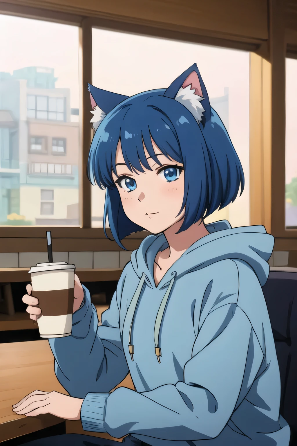 1girl, detailed anime soft face, cute anime face, soft anime illustration, anime moe art style, age, short blue hair, bob cuts, blue hair, blue cat ears, blue eyes, blue hoodie, relaxing in the cafe, drinking a cup of coffee, masterpiece, high quality.