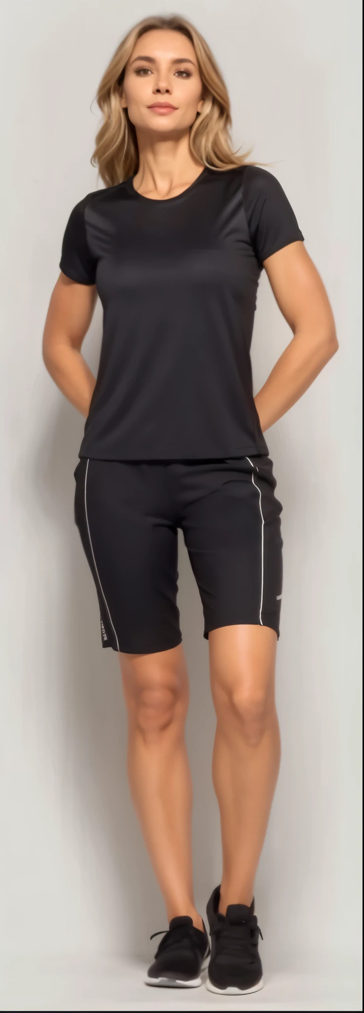a woman in a Preto shirt and shorts posing for a picture, In shorts, roupas esportivas, Neoprene, Corte Yoga Curto, sport shorts, roupas esportivas, coxas, athletic shorts, mulher curta robusta, tamanho curto, wearing Preto shorts, ultra, shorts, Slacks, coxas!!!, Preto shorts, Preto, large coxas, pernas elegantes