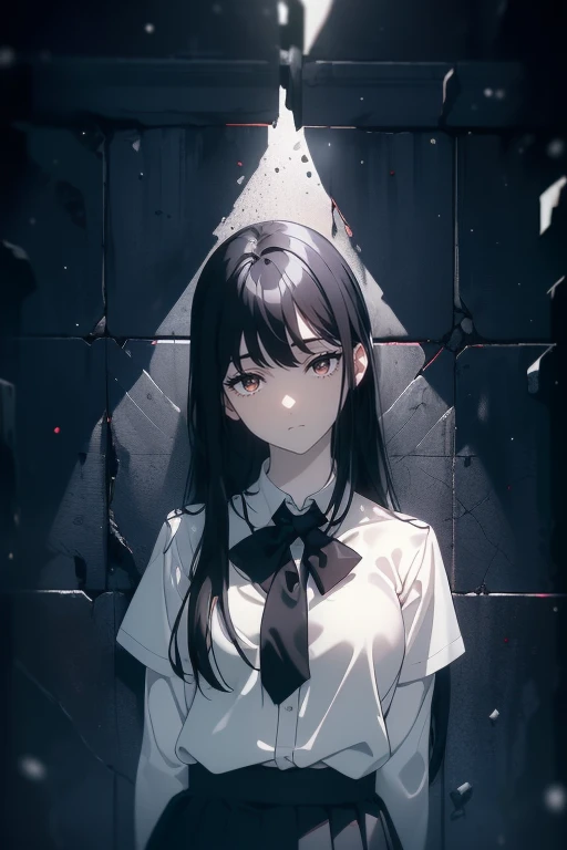 (Obra maestra, La mejor calidad, ultrahigh resolution), 1girl, standing, school uniform, white office shirt, black pleated skirt, (((black hair, dark black hair))), (long hair), pale skin, ((brown eyes)), glowing_eyes, neon eyes, (ultra detailed eyes:0.7, beautiful and detailed face, detailed eyes:0.9), ((centered)), smile, facing viewer, eye level, ((vibrant background, snowy landscape, cityscape, snowing, snow)), flat chested, looking at viewer, ((half closed eyes)), ((perfect hands)), (((head:1, arms, hips, elbows, in view))), ((hands behind back)), empty eyes, beautiful lighting, outside, outdoors, background, defined subject, 25 years old, (head tilt)