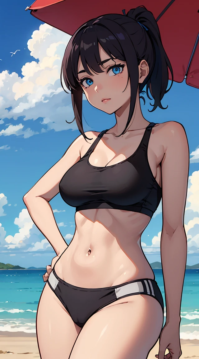 Luo from isekai nonbiri nouka with gray ponytail hair, big breasts and blue eyes and a sports bra on the beach of a desert island