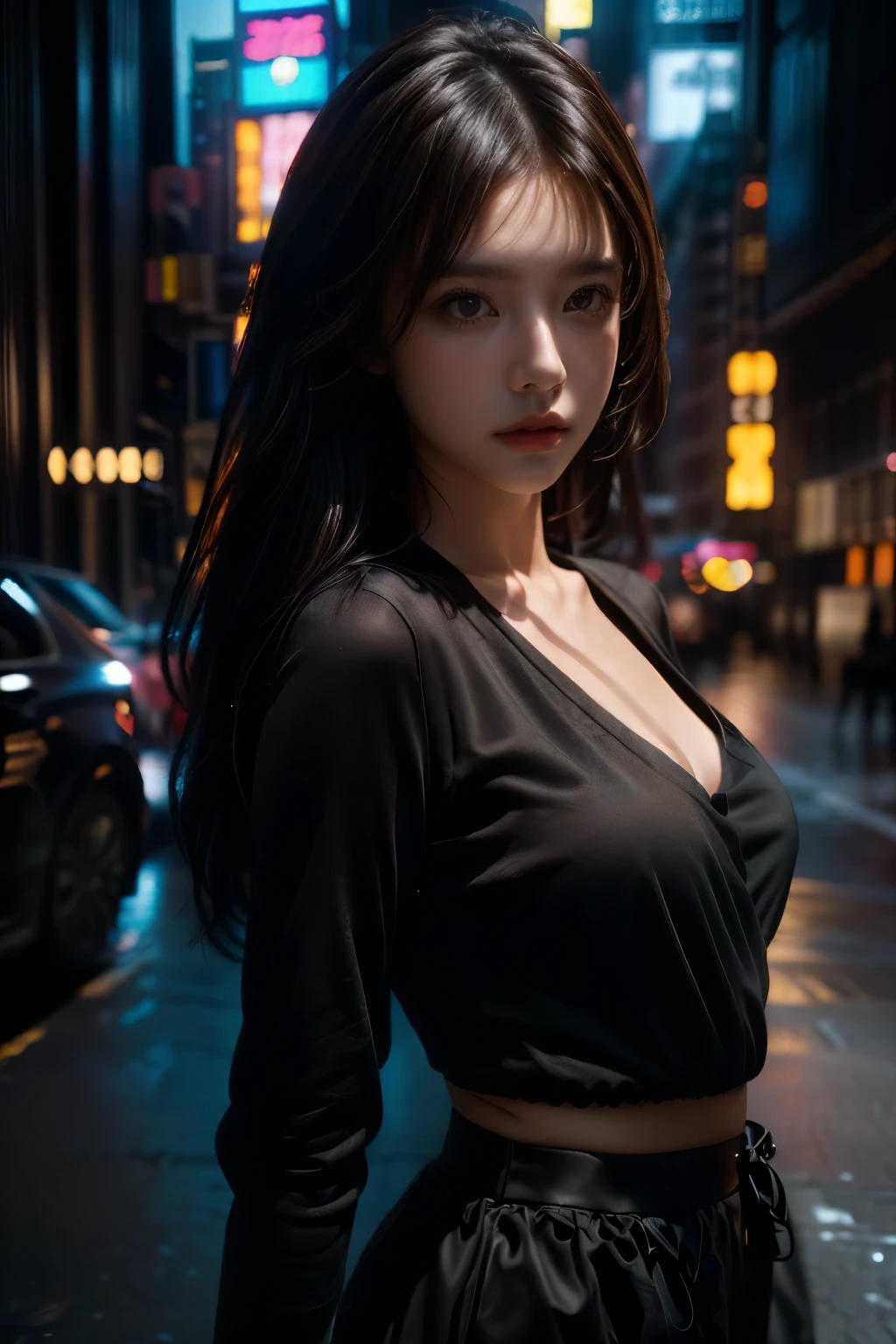 Delicate face, 20-year-old girl, (Huge_Breasts,), Seaside, Standing posture, beach, Glowing skin, (puffyareolas),(Clear white silk bikini bottom,Clear white silk crop top shirt), (Cyberpunk, Sci-fi:1.1), [[[glowing neon lights]]], (Upper body:1.15), (8K, RAW photo, Best quality, Masterpiece: 1.45), ,