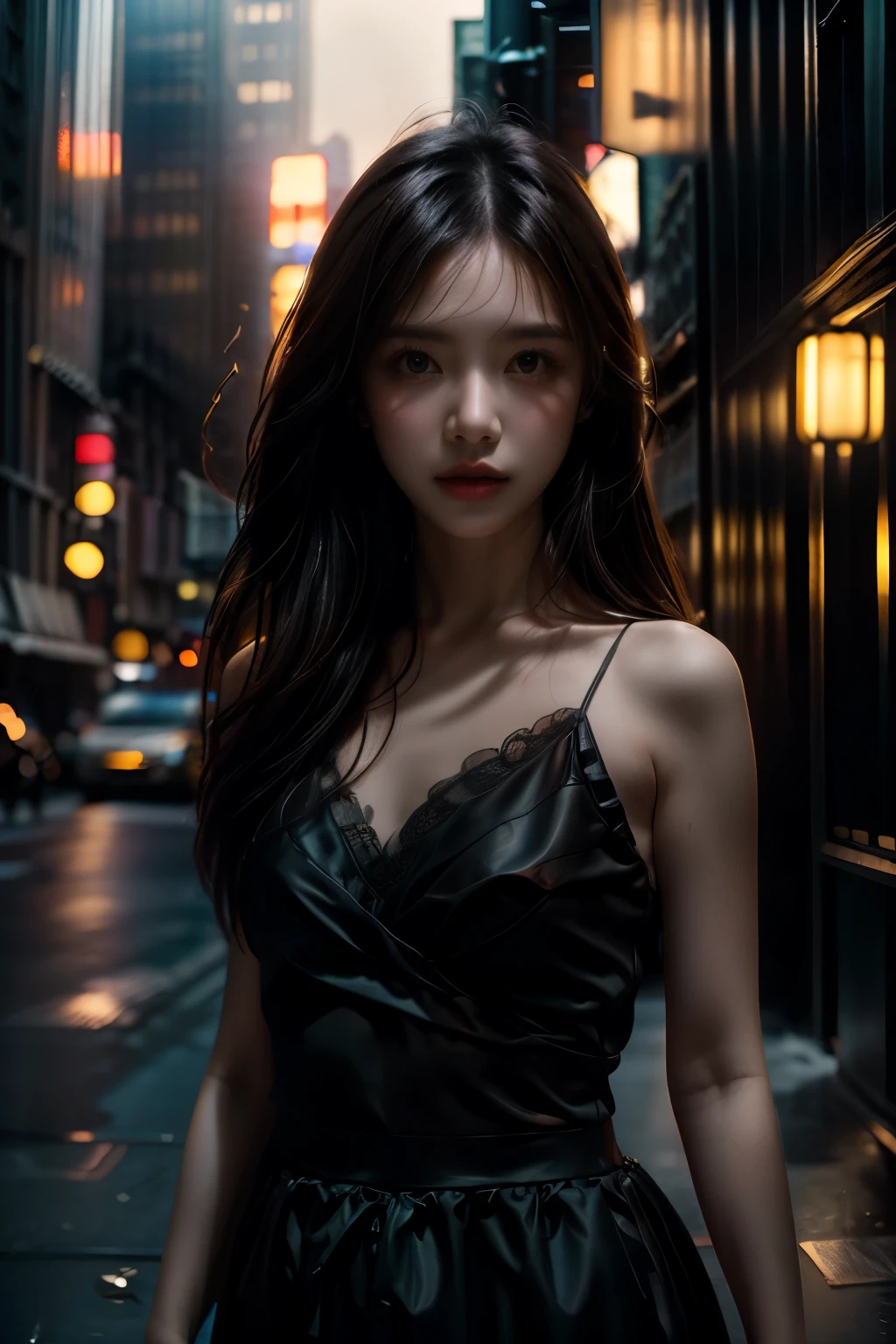 1girl, (looking at viewer:1.2), detail face, (a girl standing, rending on cgsociety, black shadows, streaming, new york backdrop), romanticism, atmospheric, (RAW photo, best quality), (realistic, photo-realistic:1.3), masterpiece, an extremely delicate and beautiful, extremely detailed,
