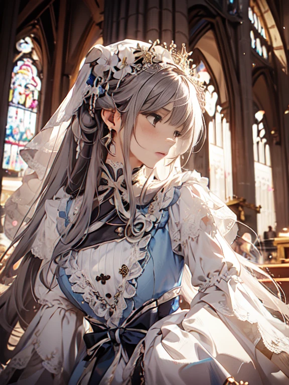 In front of the altar of a majestic church、(blurred background)、brighter light、golden long hair girl、Classic White Wedding Dresses、(elegant luster)、(Lots of races)、lots of ribbons、((voluminous puff sleeves))、long cuffs with many buttons、golden embroidery、long train、white embroidered gloves、five fingers、laughter、Redness of the cheeks