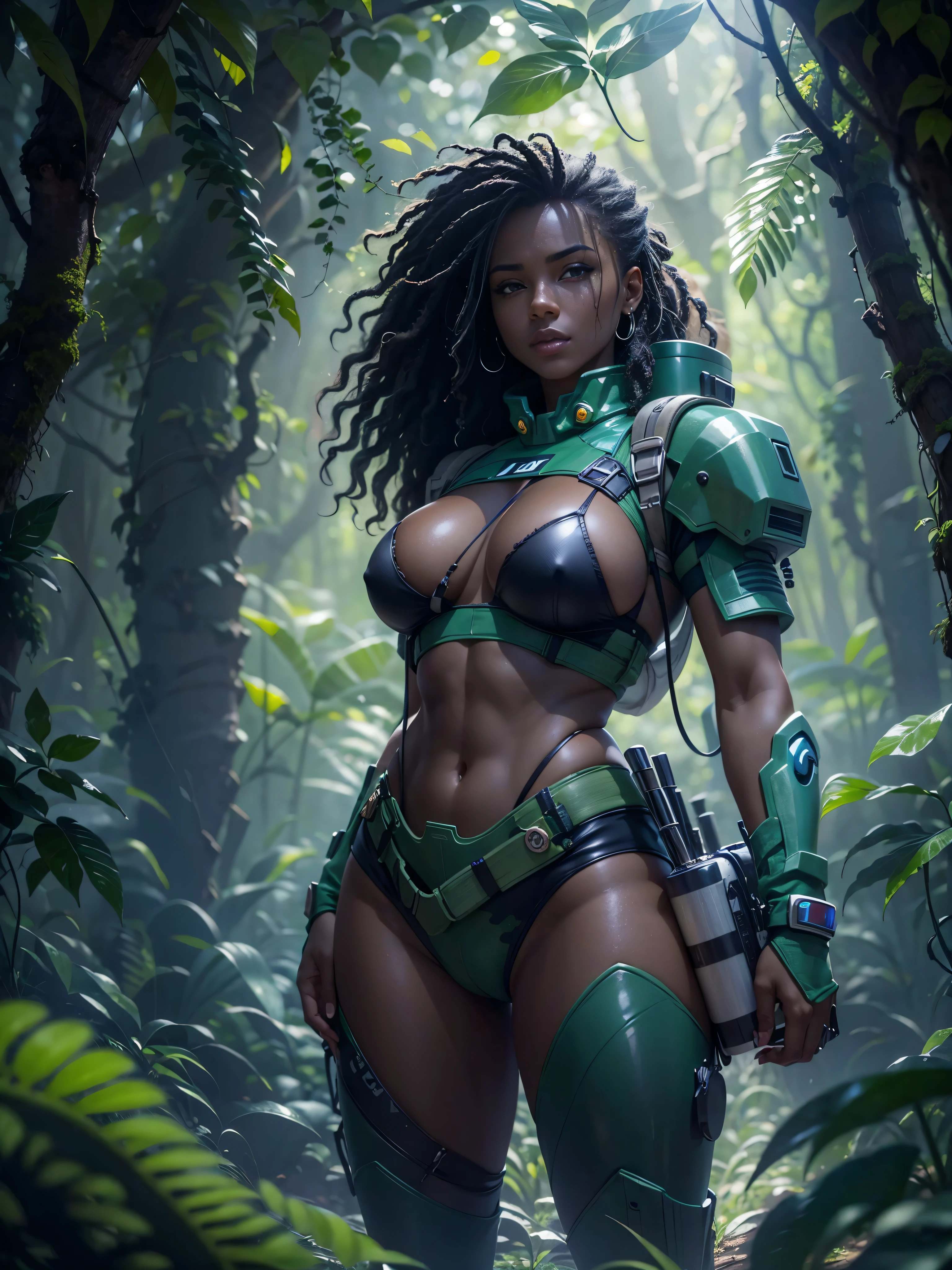 Masterpiece, art, young beautiful woman, dark skin, macular skin, textured skin, very large firm ???????, perfect proportions, space soldier, machete, in jungle, on alien planet, blue glowing moss, dark, gloomy, green camouflage uniform, in the future, anime, ????, ??????, UHD resolution, realistic detail, realistic reflections, realistic shadows, 3D, 