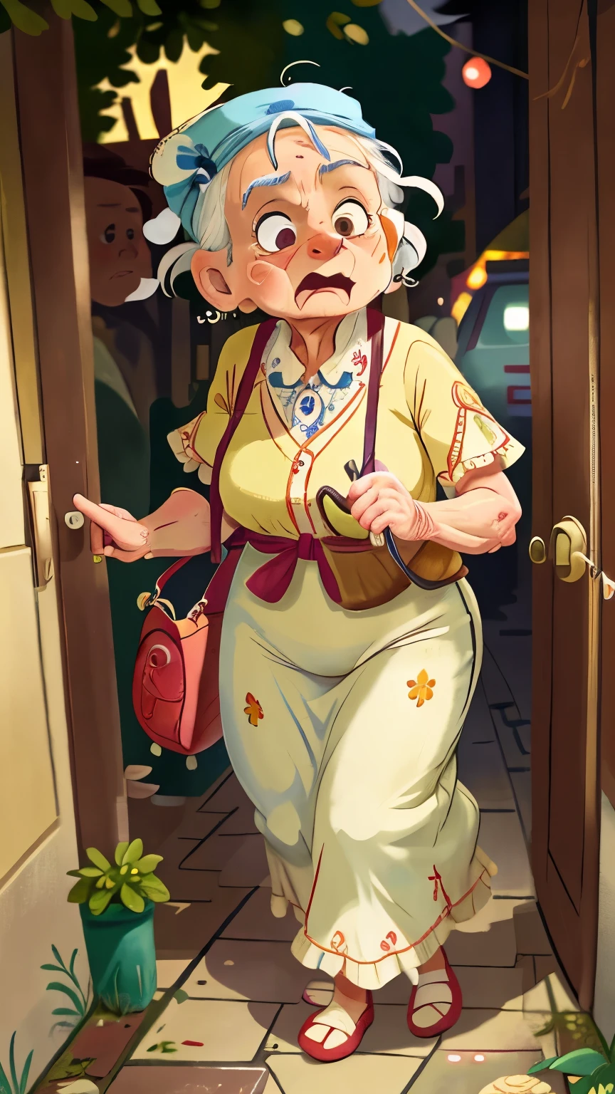 The old lady ran out of the public toilet with a surprised expression and clutched toilet  in her hand. Perfect quality., clear focus (clutter - home: 0.8), (masterpiece: 1.2) (actual: 1.2) (Bokeh) (best quality) (Delicate skin: 1.3) (intricate details) (8k) (Detailed eyes) (sharp focus)