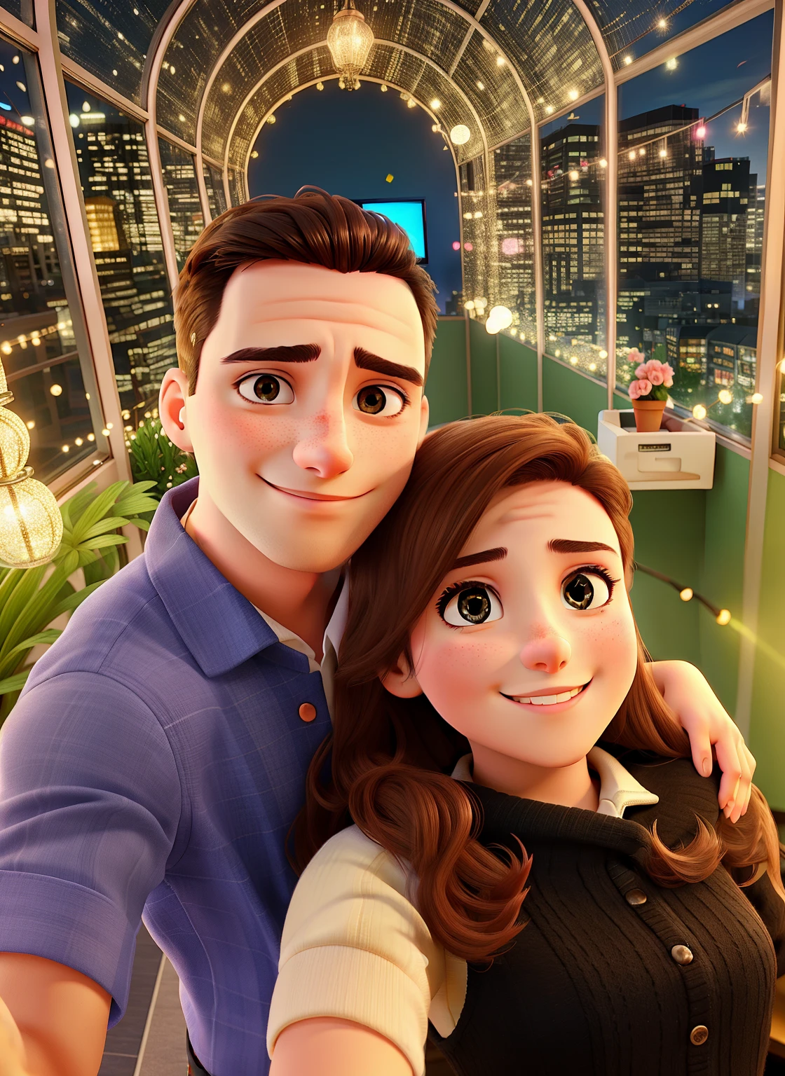 valentine couple making selfie, background lights