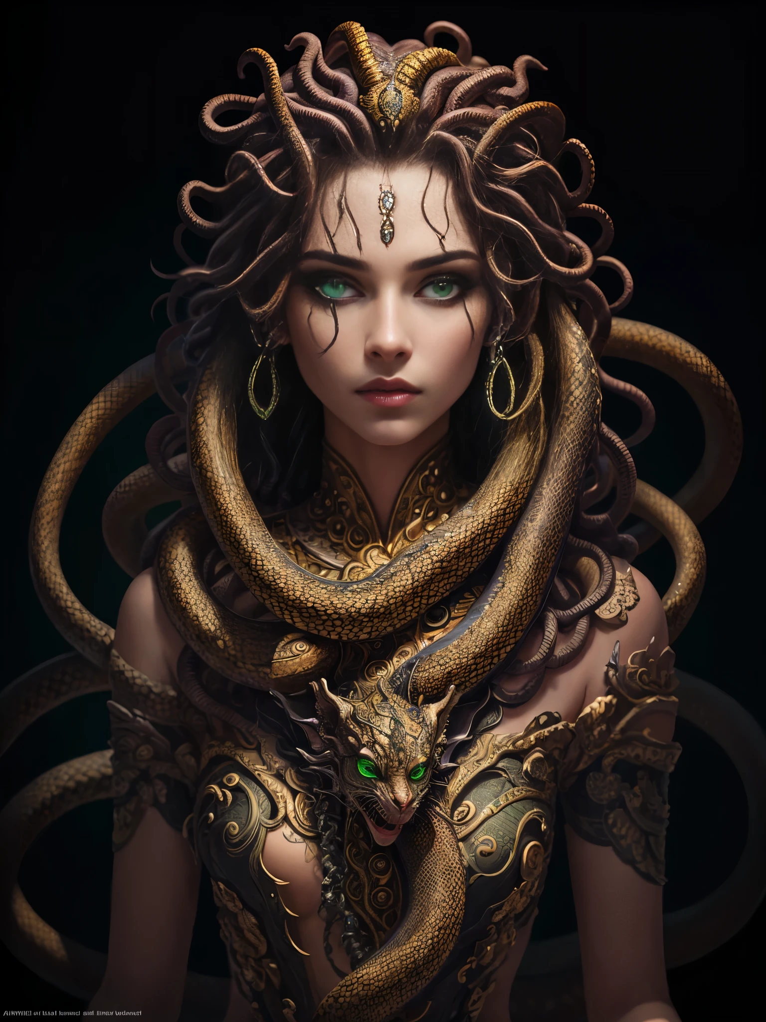 ((best quality)), ((masterpiece)), ((realistic)), Medusa, full body, the hair is composed of countless small snakes, green eyes, female face, metal carved top, royal aura, trend on artstation , sharp focus, studio photo, intricate detail, very detailed, detailed eye, illustration, very detailed, sharp focus, digital render, professional, 4k