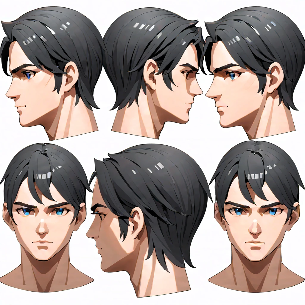 Three-dimensional view of male character's head, Three-dimensional view of the male character’s head, A male character head display, Three-way display view, Game male character head image design, front/Different perspectives from the side and back appear in the same picture