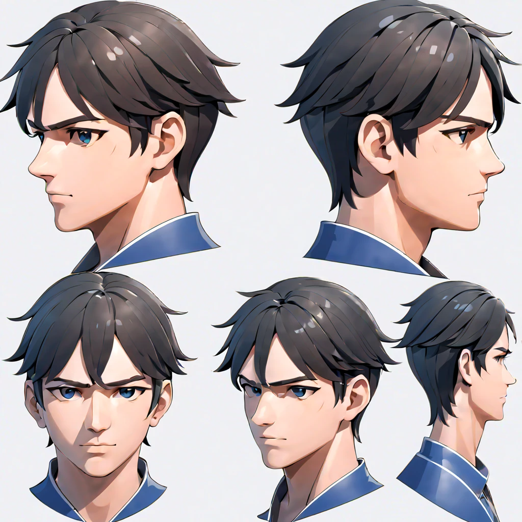 Three-dimensional view of male character&#39;s head, Three-dimensional view of the male character’s head, A male character head display, Three-way display view, Game male character head image design, front/Different perspectives from the side and back appear in the same picture