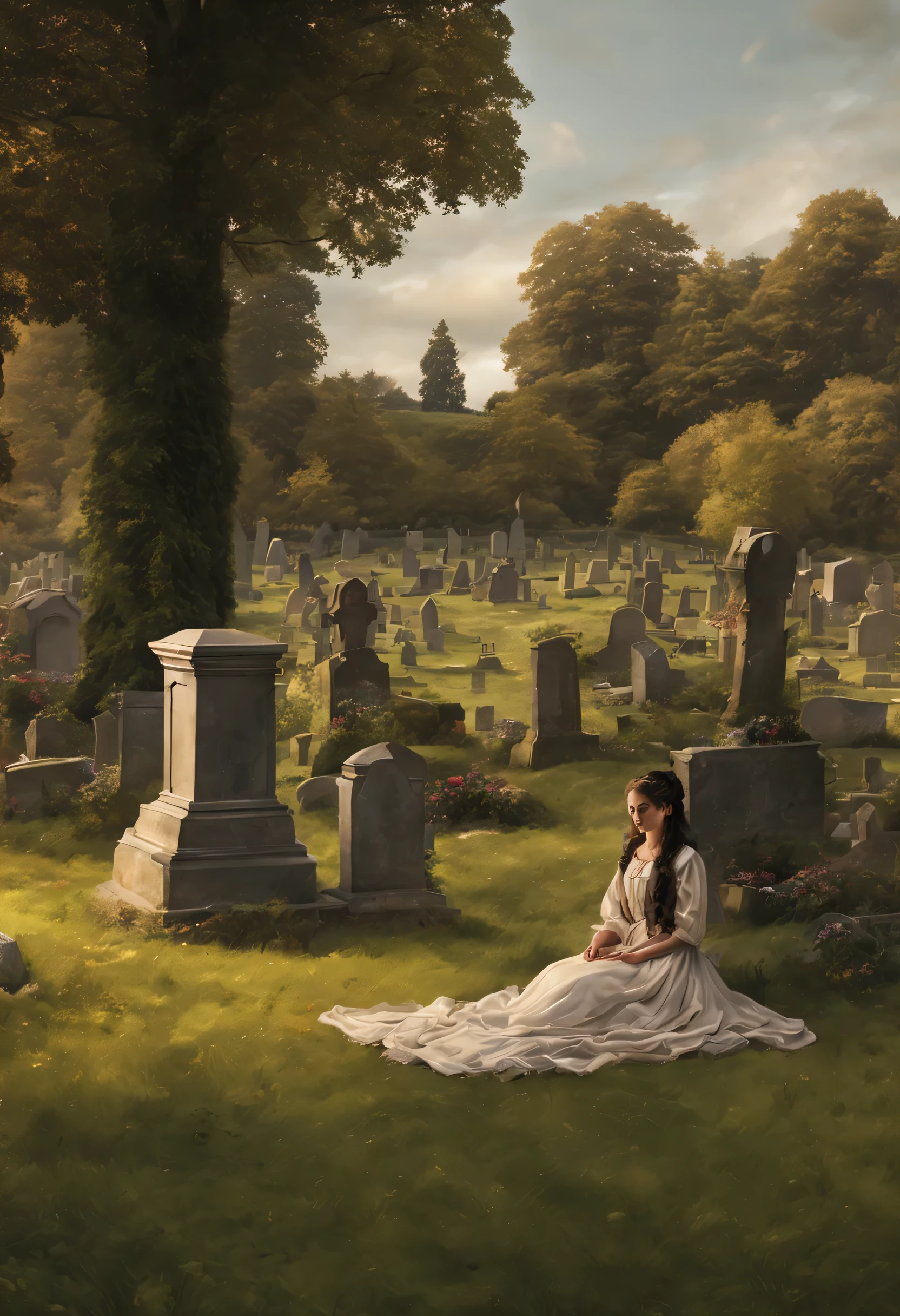 realistic image of a small cemetery in the English countryside of the nineteenth century with a lady with long black curly hair tied back and a dress in the style of the time sitting on the lawn alone with a blanket and a picnic basket