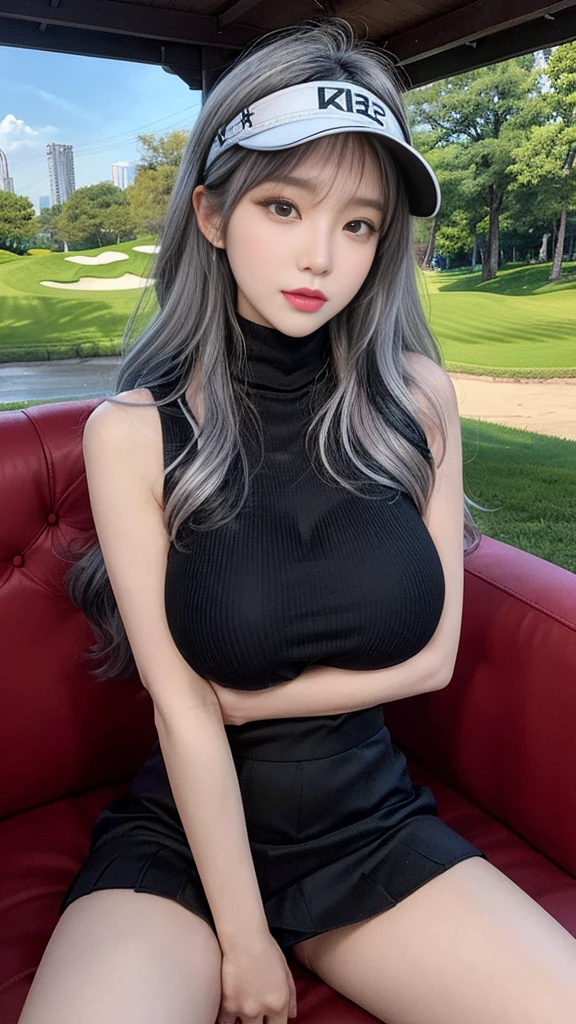 韓国のmature woman,sitting in a recliner on the golf course,(((T Masterpiece))), ((best quality)), ((intricate details)), ((ultra realistic realism)), stupid solution, mature woman, ripe woman, very detailed, An illustration,((large breasts)), perfect hands, detailed fingers, beautiful detailed eyes, (Very long wavy hair with silver and black two-tone hair color:1.6),((Korean style black sleeveless turtleneck sweater:1.3, black mini tight skirt:1.9, thong, visor:1.5)), Detailed background, perfect enchanting eyes,mouth slightly open, cocked ass, (((spread your legs boldly:2.3, girl with big saggy breasts:1.8)))