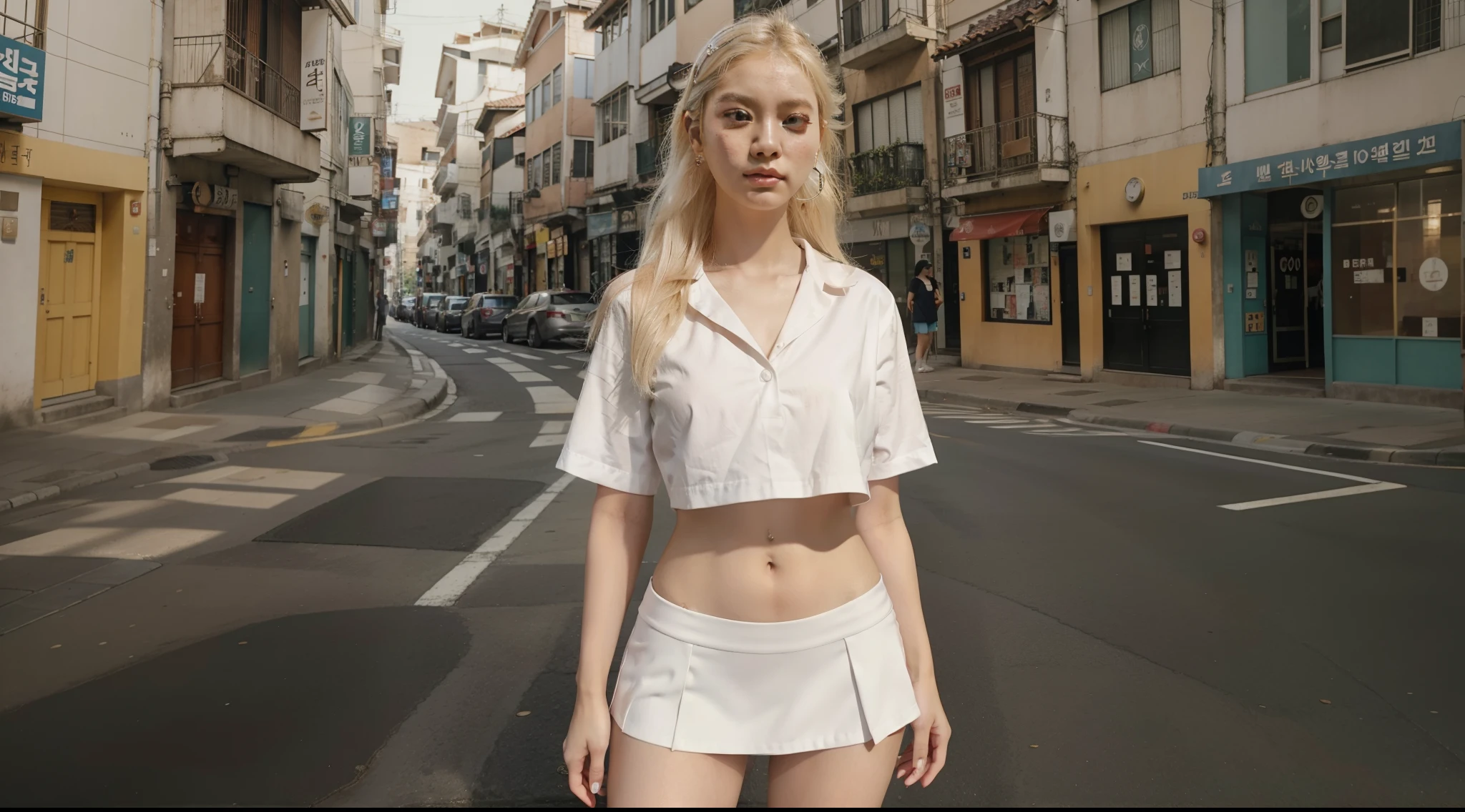 There is a korean girl, k-pop star, blonde hairs in a short white skirt and white shirt, posando em uma rua urbana, usando um top cropped sexy, menina jovem e bonito, olhar sexy, uma aluna hiperrealista, em uma rua, aluna hiperrealista, roupa muito sexy, vestida como aluna, de uma aluna posando, na rua, Menina sexy usando saia muito curta, roupa indecente