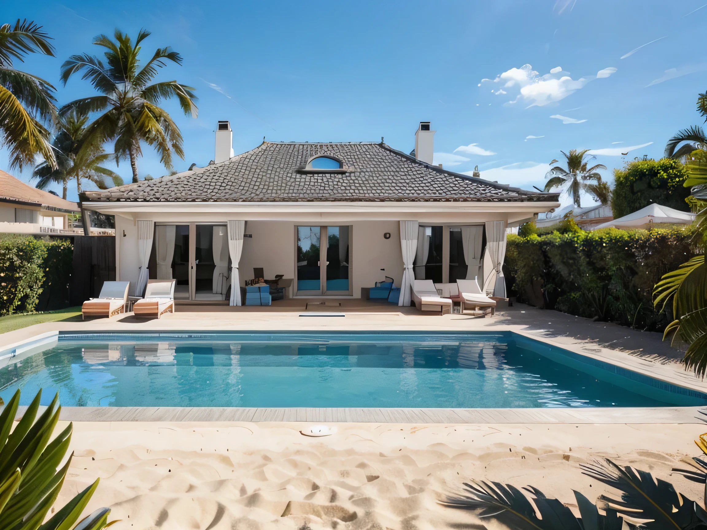 une maison en moderne, villa moderne, au bord de la plage, with a very blue sky, des cocotiers, beau temp,