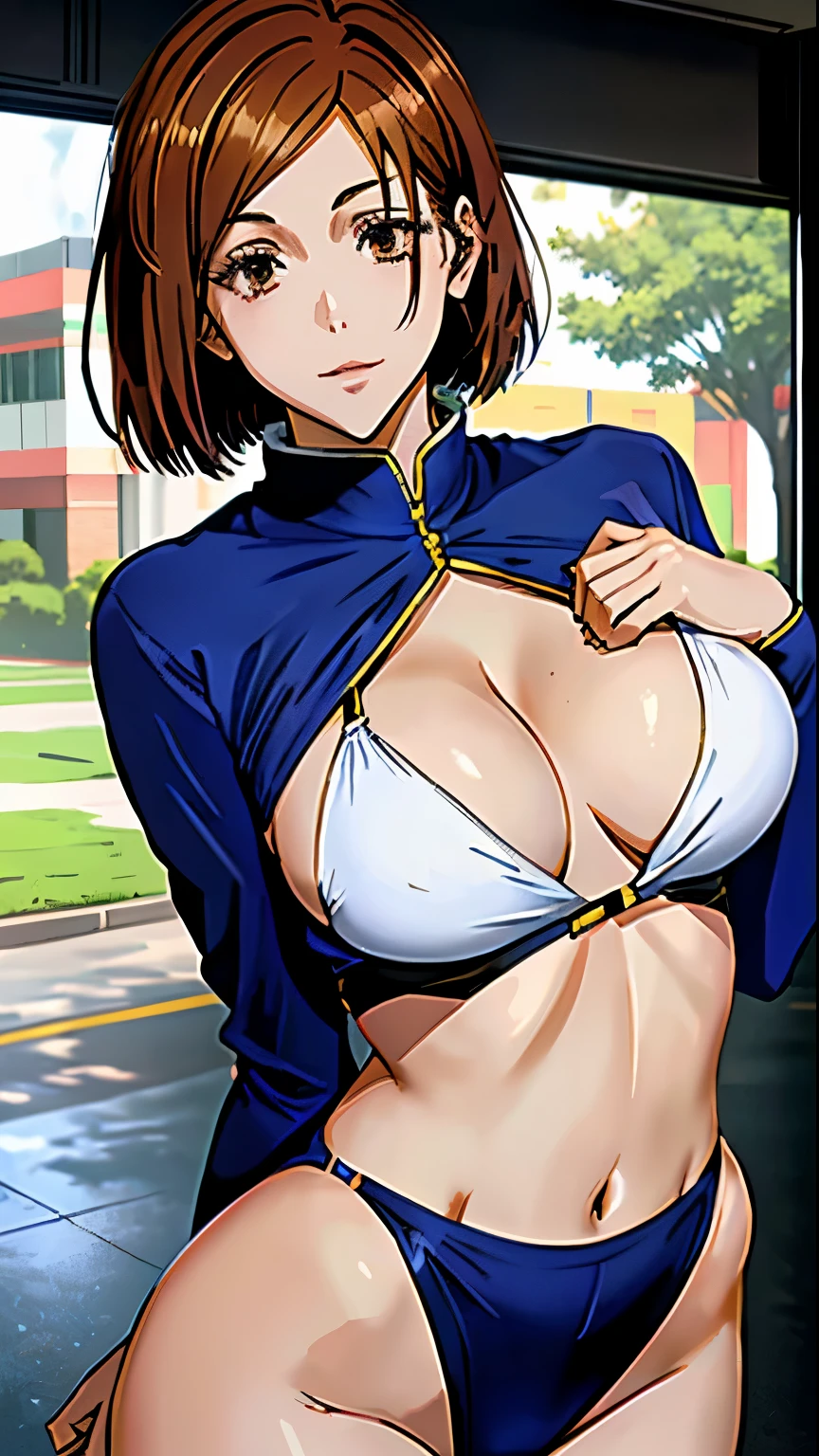 1 Anime girl in school costume posing seductively to the camera, grab chest, hand on chest, beautiful face, (big tits, big butt, curvy), (chest groping, tight chest),