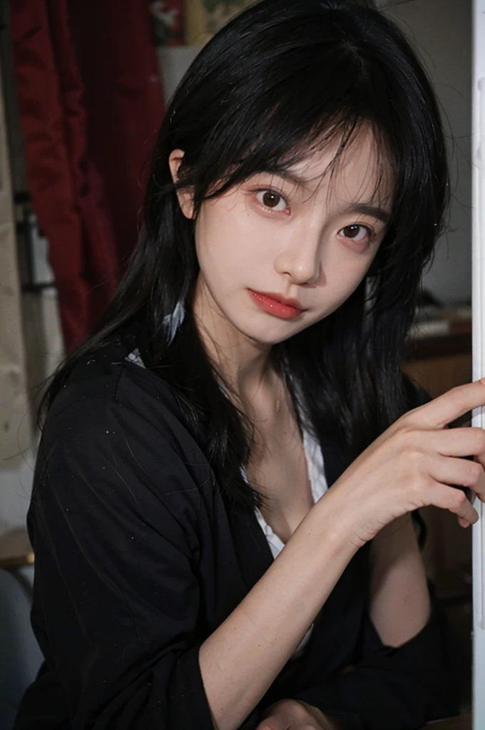 8K,best qualtiy,tmasterpiece,超高分辨率,(真实感:1.4),RAW photogr,(True skin texture:1.3),(filmgrain:1.3),(Selfie angle),1个Giant Breast Girl,Beautiful eye and face details,tmasterpiece,Best quality at best,closeup cleavage,Upper body JK uniform,Very thin legs
