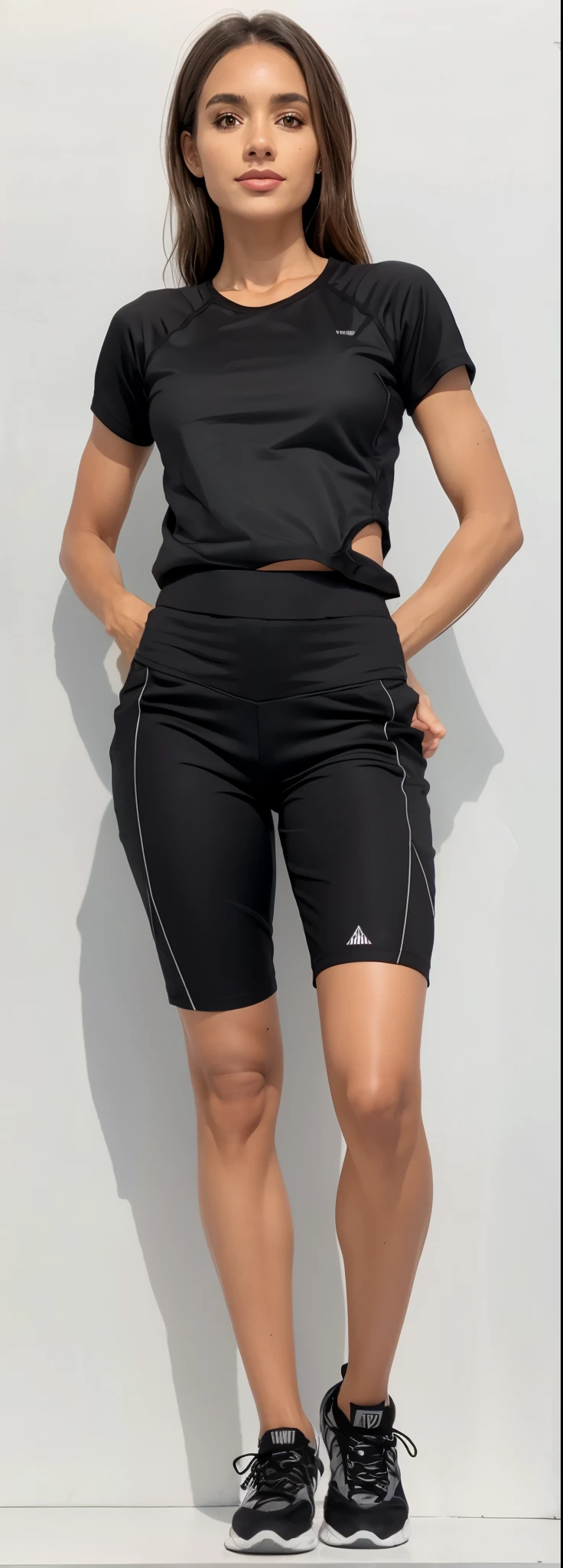 a woman in a Preto shirt and shorts posing for a picture, In shorts, roupas esportivas, Neoprene, Corte Yoga Curto, sport shorts, roupas esportivas, coxas, athletic shorts, mulher curta robusta, tamanho curto, wearing Preto shorts, ultra, shorts, Slacks, coxas!!!, Preto shorts, Preto, large coxas, pernas elegantes