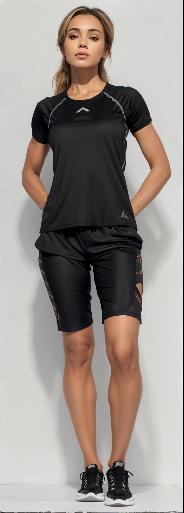 a woman in a Preto shirt and shorts posing for a picture, In shorts, roupas esportivas, Neoprene, Corte Yoga Curto, sport shorts, roupas esportivas, coxas, athletic shorts, mulher curta robusta, tamanho curto, wearing Preto shorts, ultra, shorts, Slacks, coxas!!!, Preto shorts, Preto, large coxas, pernas elegantes