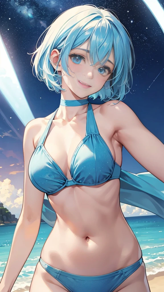 best image quality、highest quality、8K、upper body、thighs、light blue hair、bob hair、blue eyes、swimsuit、I can see your belly button、I can see your stomach、starry sky、beautiful breasts、smile、closed mouth、night、night景