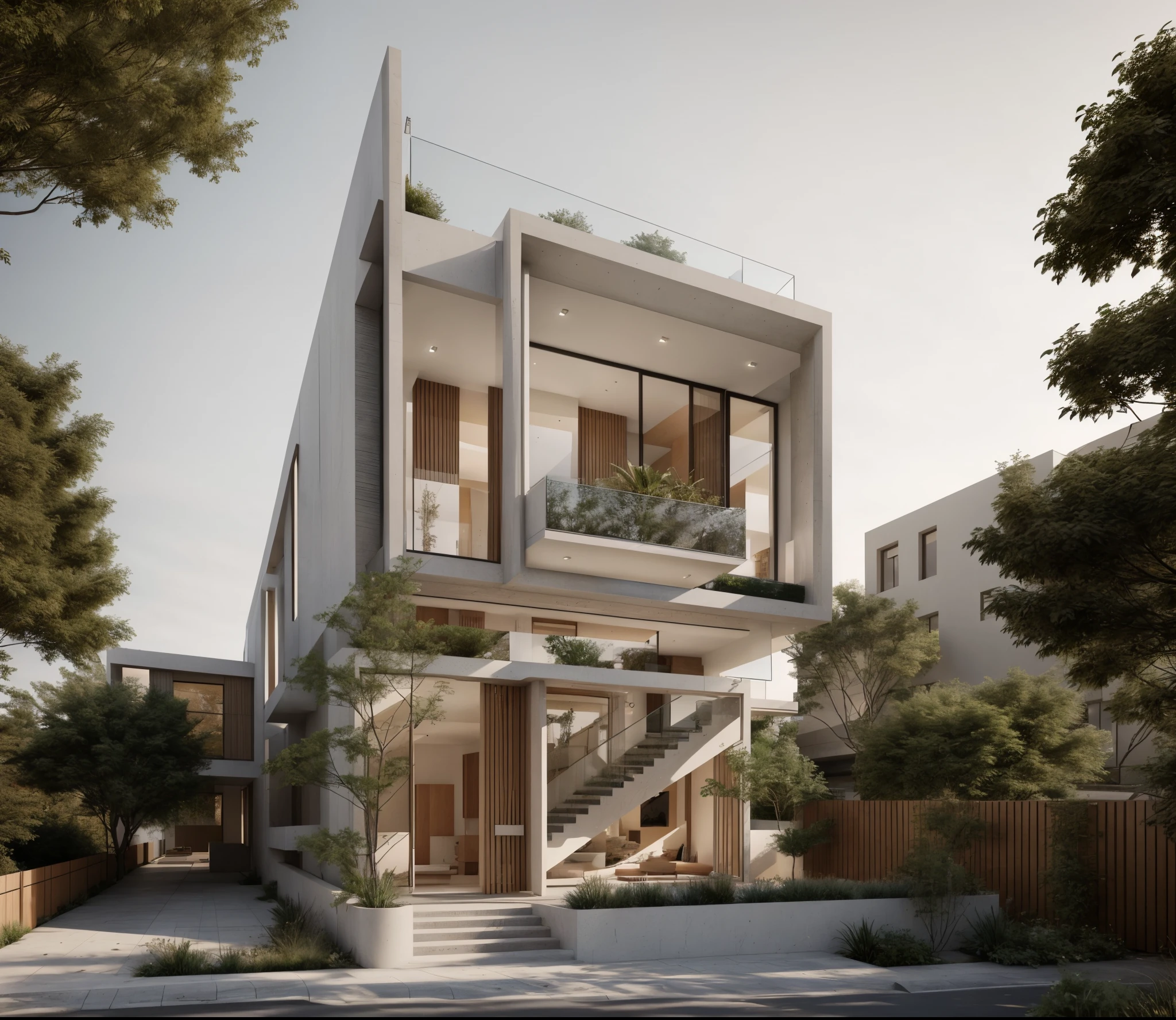 a drawing of a house with a staircase leading to a large glass window, high quality architectural art, architecture art, architectural illustration, contemporary architecture, mono,beautiful and realistic photos, busy surrounding space, realistic trees, surrounding landscape is the city, soft light, late afternoonchrome drawing, realistic architecture, architectural rendering, architectural sketch, in style of zaha hadid architect, architectural concepts, architectural concept, rounded architecture, architecture drawing, artistic drawing, exquisite architecture, beautiful artist rendering, architectural render