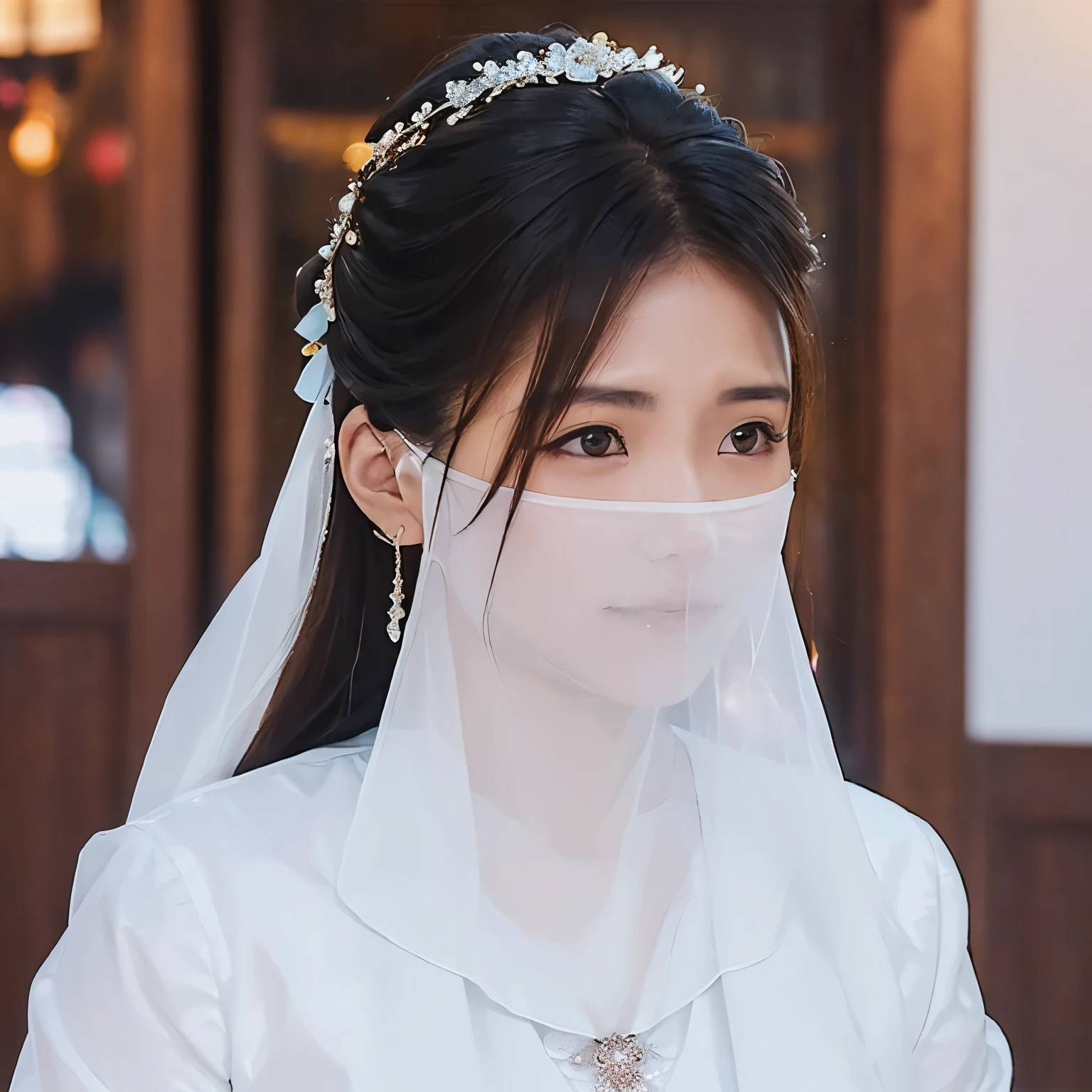 Head close-up（（（Eyes are very delicate）））（（（hair accessories）））（（（veil））），necklace，Wearing a white transparent sexy silk dress， ((skin glowing))The room is filled with Chinese New Year decorations（（（masterpiece）））， （（best quality））， （（intricate details））， （（Surreal））（8K）