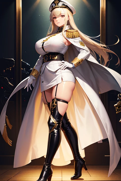 masterpiece,detailed,shiny skin,one woman in her 20s,Beautiful jpn-woman,villain,((white military jacket)),(white small military hat),femdom,(full body), ((tattoo)),(silver blonde),brown eyes,(super big breasts),big ass,(white and gold skirt),(black long boots),(military cloak),(intricately designed details), layered costume,(standing),(condescending eyes),angry smile,five fingers,(Prison),night,Backlight,