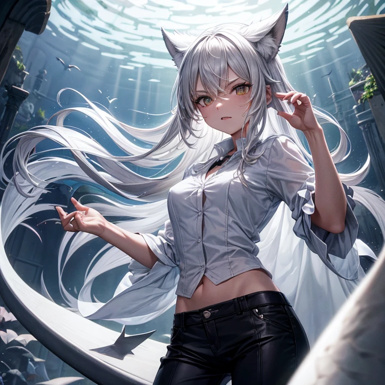 Fille, cheveux longs blanc, insolente, dents de requin, oreilles de loups, queue de requin, chemise noir, pantalon noir, fond blanc, detailed, souris, dents pointues, fronce, seule, moderne, pas contente, anger