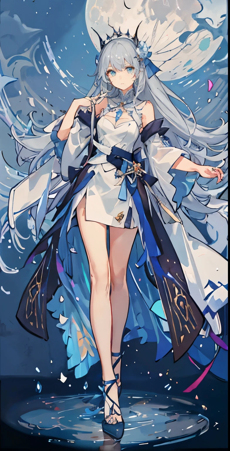 (muste piece), (highest quality), very detailed, (one girl:1.4), (Full body shot:1.3),tall,perfect face, beautiful face, very detailed顔,long hair with gray hair,flower,butterfly々,flowerびら,Light,water surface,moon,fantasy,fantasy,mysterious